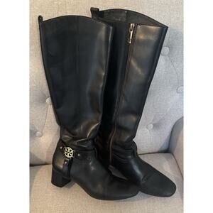 Tory Burch Donavan Riding Boots Black Leather Gold Logo Harness Knee High 7.5